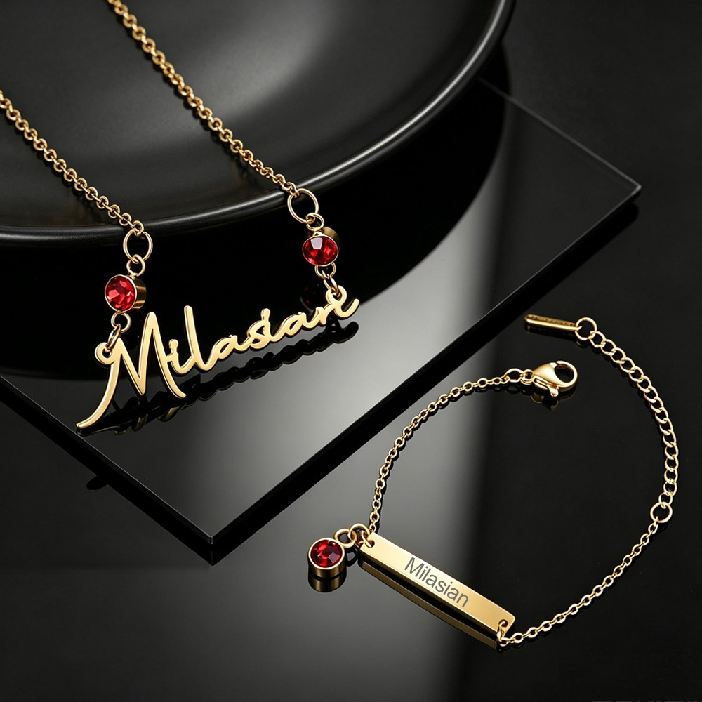 Birthstone Ring Set - Aangepaste babynaam geboortesteen 35cm ketting roestvrij